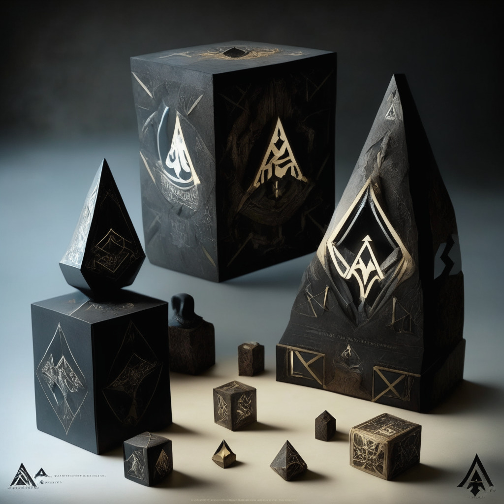 Evolving NFT Market: Assassin's Creed collectibles with digital & physical components, customizable 3D-printed cube, Digital Soul NFT, companion app for achievements, co-reality platform, Pieces of Eden Pass exclusives, artistic Renaissance style, shadowy light setting, sense of adventure & intrigue, mingling technology & history, bold contrast.