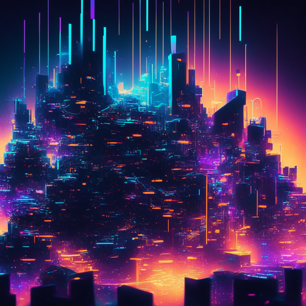 Intricate digital cityscape, futuristic NFT lending platforms, soft neon glow, ethereal blockchain elements, empowering exchange, Abstract Expressionism, low-key chiaroscuro lighting, vibrant financial activity, optimistic atmosphere, accessible art, Ethereum-inspired structures, 350 characters.