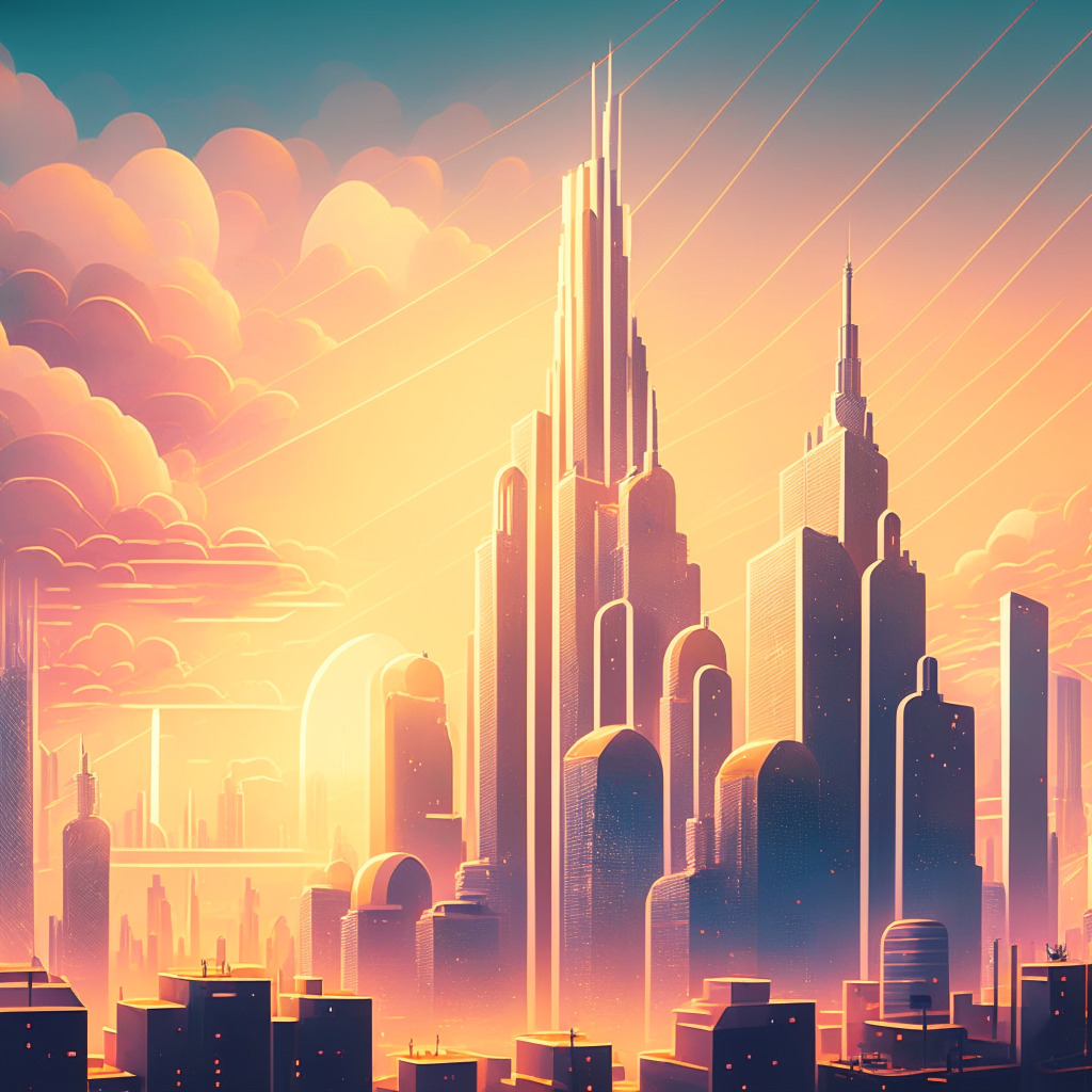 Intricate city skyline with DeFi elements, soft pastel colors, dynamic cloud platforms representing staking providers, beams of light highlighting Ethereum nodes, Art Deco style, warm golden hour ambiance, sense of security and innovation, mood of cautious optimism and progress in decentralized staking landscape.