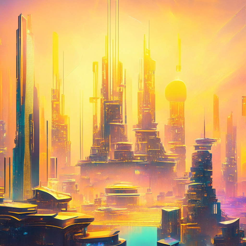 Futuristic, thriving blockchain city, AI-powered components, golden aurum accents, secure data center environment, diverse industries, metropolitan skyline, pastel-toned sunset, interconnected digital structures, holographic privacy shield, sense of growth and prosperity, abstract impressionist style.