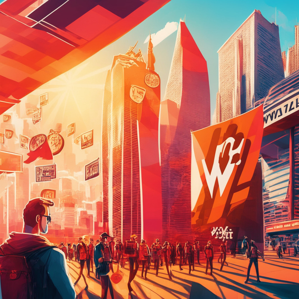 Sunlit Australian cityscape, Westpac building with pilot trial banner, customers holding crypto coins, digital exchange platforms in the background, scam warning symbols, people protecting their wallets, intense colors and dynamic composition, mood of caution and security, abstract blockchain elements.