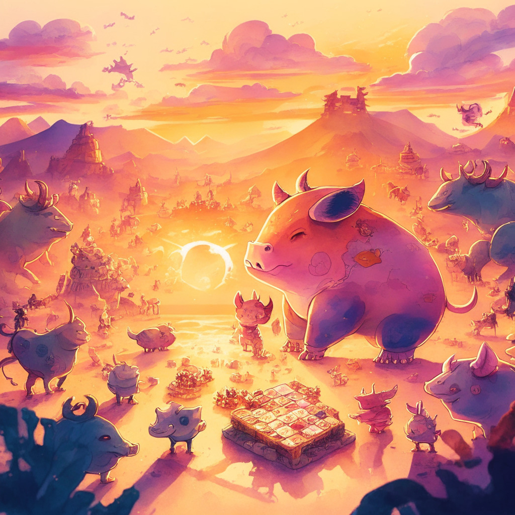 Intricate Axie Infinity gaming scene, sunset lighting, watercolor-painting style, Asian and Latin American cultural elements, optimistic and cautious mood, players engaged in strategic play, flourishing digital landscape, juxtaposition of bull and bear market representations, tokens subtly integrated.