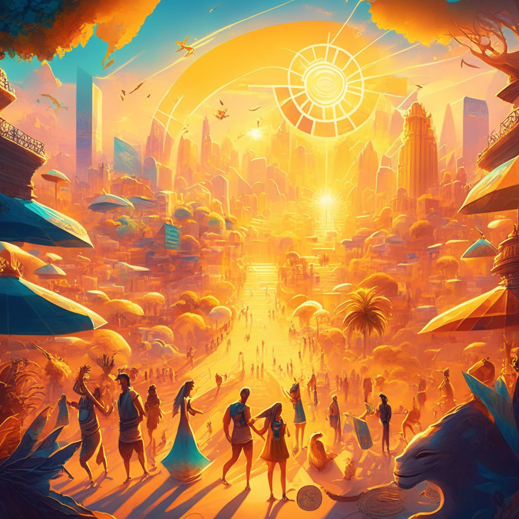 Cryptocurrency-themed landscape, bustling virtual city scene, Axie Infinity NFT creatures mingling with diverse people, Latin American and Asian cultural elements, golden rays of sunshine, vibrant artistic style, warm light setting, a blend of excitement and uncertainty in the atmosphere.