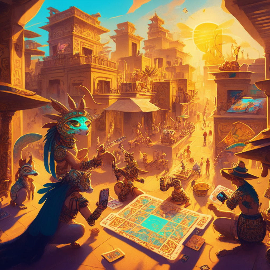 Sunlit ancient Mesoamerican cityscape, Axie Infinity creatures exploring vibrant market, colorful card game battle in the foreground, players with smartphones, Ronin blockchain elements woven in, baroque artistic style, warm golden hour tones, sense of adventure and innovation, cautionary undertones.
