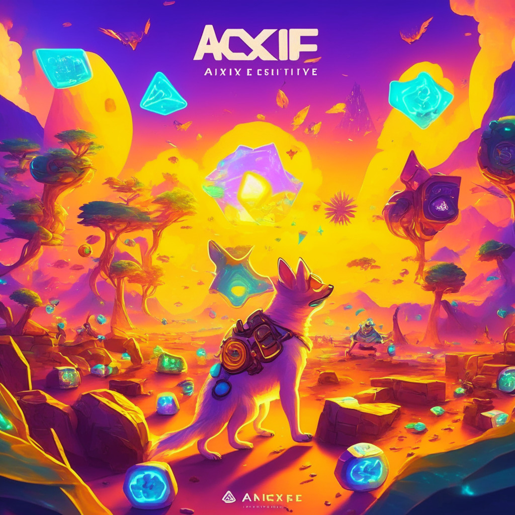 Cryptocurrency gaming scene, Axie Infinity players, AiDoge meme generation, South America and Asia landscape, AI technology, merger of entertainment and innovation, neural networks, vibrant colors, playful mood, futuristic art style, golden hour lighting, tokens and digital assets, excitement and anticipation.