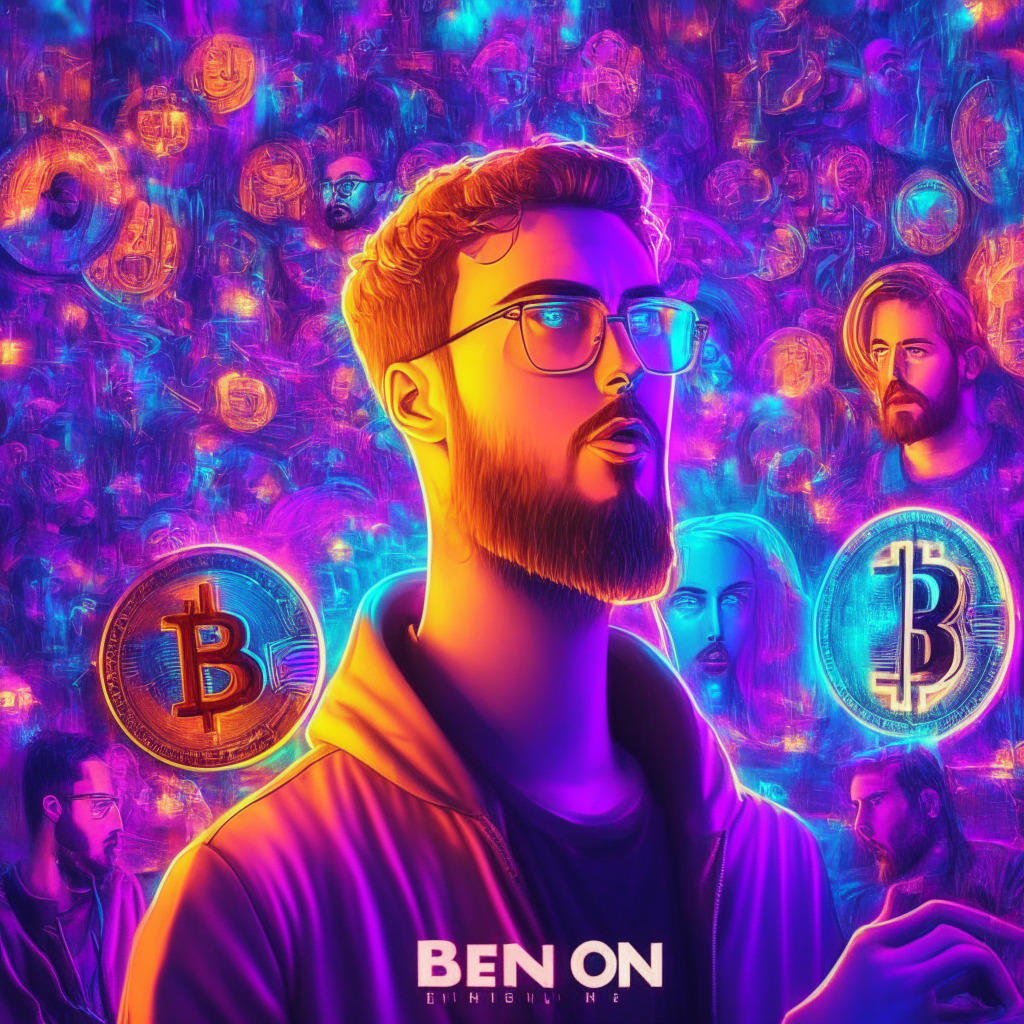 Cryptocurrency influencer announcement, new BEN token launch, meme coin, controversial figure, divided reactions, supportive group, serious investment, decentralized autonomous community, artistic crypto visualization, vibrant lighting, surrealistic style, dramatic mood, market cap growth, alternative opportunities.