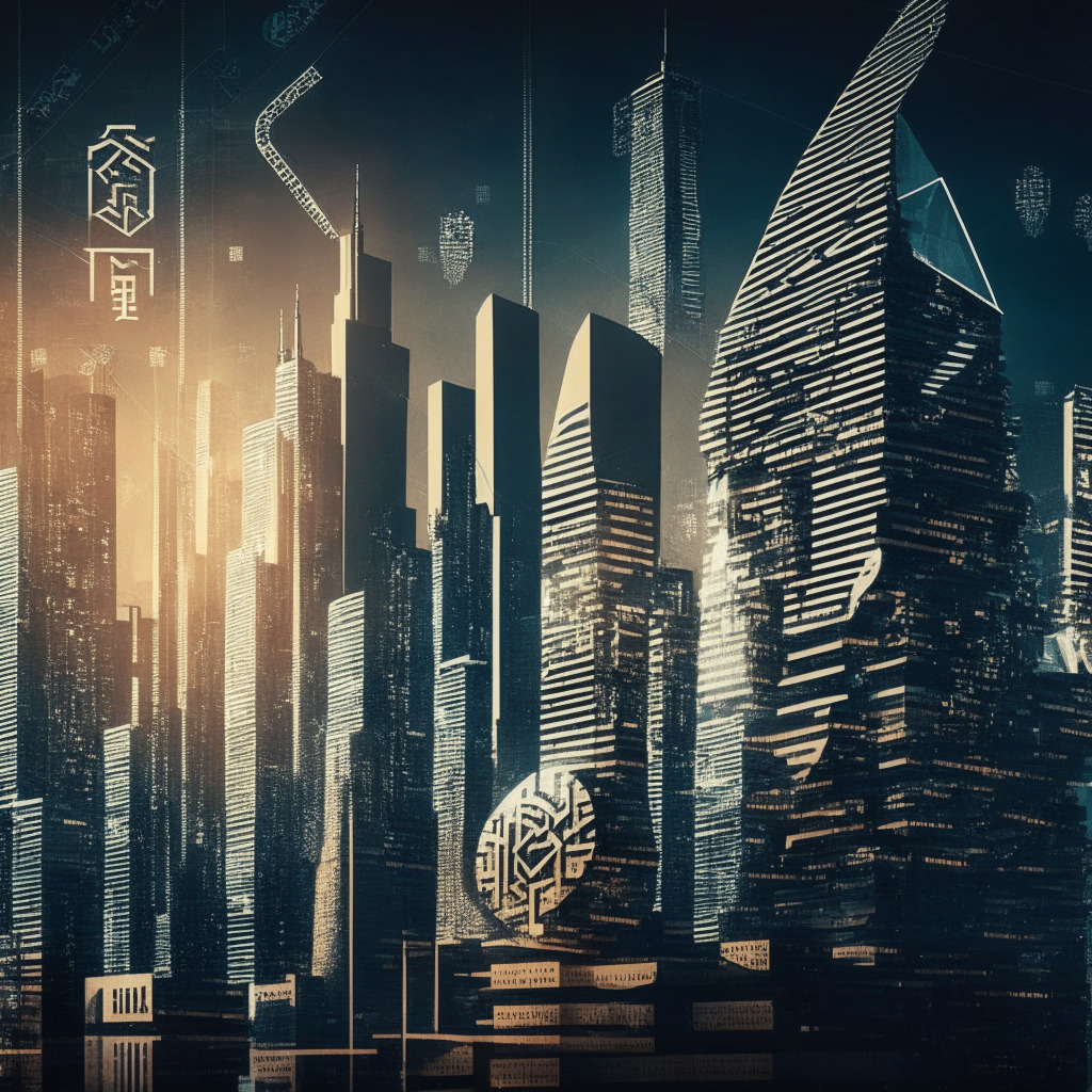 Intricate cityscape with digital yuan symbols, BNP Paribas building, Bank of China building, futuristic artistic style, contrasting light and shadow, powerful yet mysterious mood, seamless transactions visualized, hints of smart contracts and cross-border payments, balance of innovation and concern.