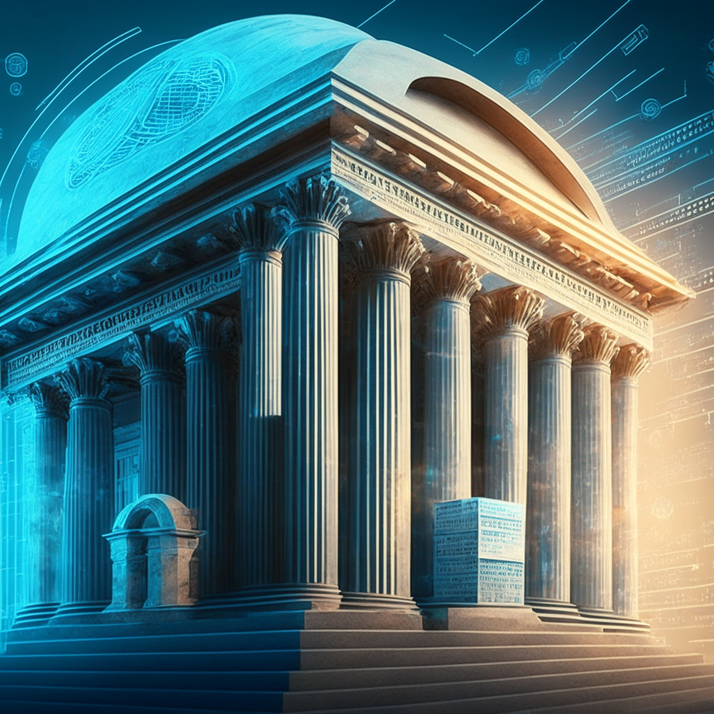 Ancient bank embracing future technology, blockchain and digital tokens in banking, soft warm light, a fusion of classic and futuristic architecture, tokenization and digital assets, blockchain network overlay, optimistic and transformative mood, harmonious convergence of past and present finance, subtle AI elements, strategic innovation with cautious approach.
