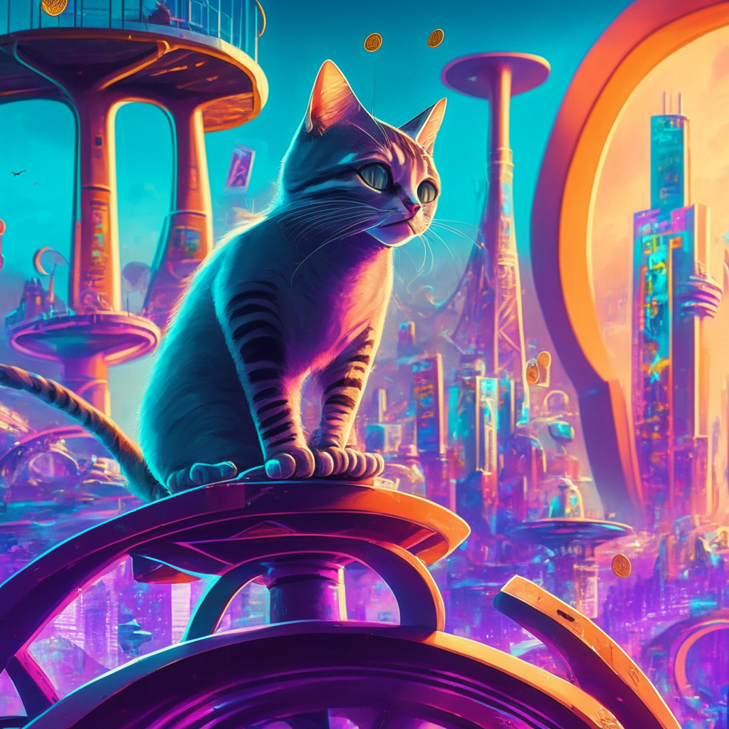Futuristic city skyline, cat playing bongos, juxtaposed w/ tokens on a roller coaster, vibrant colors, chiaroscuro lighting, meme-inspired aesthetic, ambivalent mood, wary undertones. Ideal scene: Meme coin euphoria, but caution prevails, as investors seek stable web3 startup opportunities.