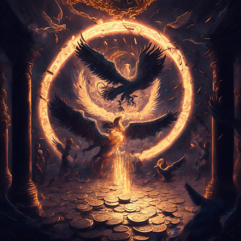 Cryptocurrency chaos scene, dimly lit, Baroque style painting, swirling vortex of coins, BRC-20 meme coins and altcoins, glowing Ethereum symbol as a beacon of hope, tense atmosphere, emotional rollercoaster, hint of resilience with a Bitcoin phoenix rising subtly in the background.