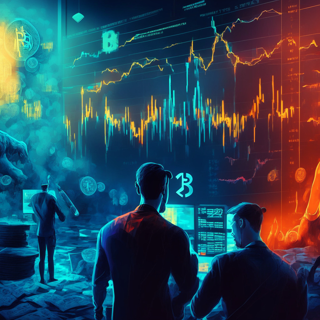Cryptocurrency market scene, Bitcoin and Ethereum fluctuating, potential 50% retracement, bearish and bullish indicators, dramatic lighting, contrasting colors, mood of uncertainty, financial charts in the background, blend of realism and abstract art, investor cautiously observing market changes.
