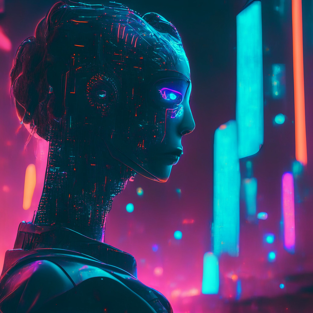 Futuristic AI chatbot in mid-conversation, cyberpunk cityscape backdrop illuminated by neon lights, shadows casting mystery, deep chiaroscuro effect, vibrant yet foreboding atmosphere, delicate balance between fear and awe, questioning freedom of expression and sensitivity, essence of AI revolution, global impact radiating.