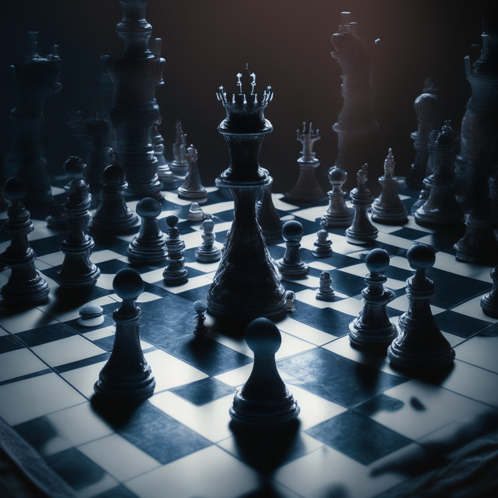 Intricate financial chessboard, crypto tokens scattered, Bakkt delisting 25 tokens, shadows cast by DeFi & NFT ecosystems, twilight of skepticism & concern, chiaroscuro lighting, hues of trust & uncertainty, mood of market adaptation, conscientious strategy in a dynamic industry.