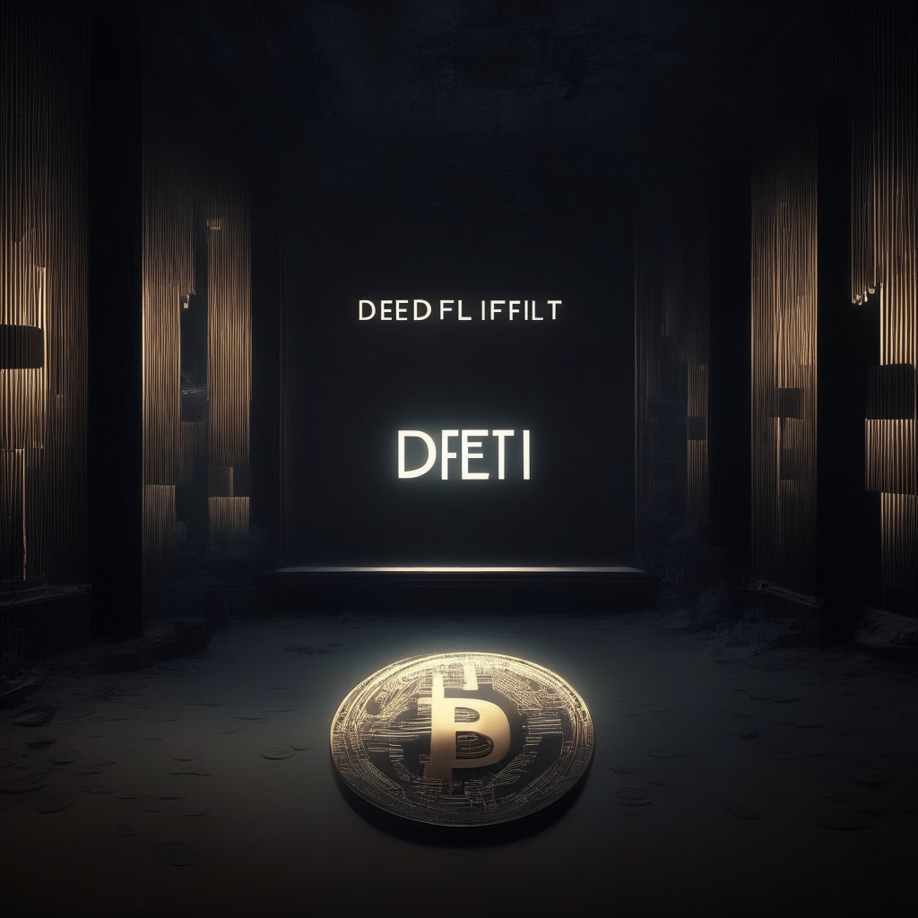 Cryptocurrency platform delisting 25 DeFi tokens, balancing act between regulatory risk and innovation, dimly lit setting with a scale displaying tokens on one side and regulations on the other, somber yet hopeful atmosphere, contrasting shadows and light, emphasizing the delicate equilibrium in the flourishing DeFi space, 350 characters max.