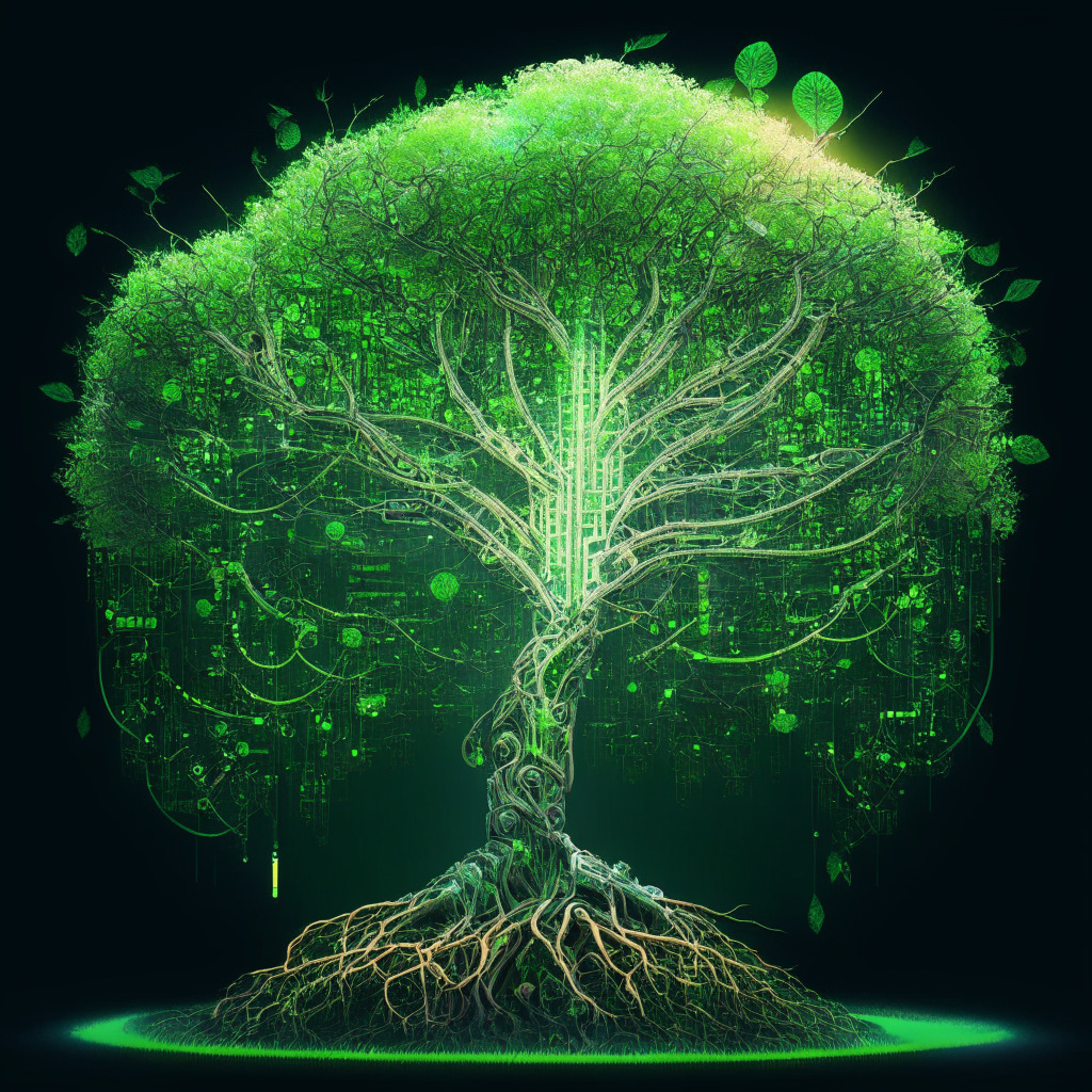 Intricate cybernetic tree, half flourishing with green leaves, half barren and metallic, glowing and organic neural connections, ethereal sunrise casting warm, diffuse light, AI-driven devices, touch of impressionism, mood evoking balance, alternating green and mechanical roots reaching for earth's core.