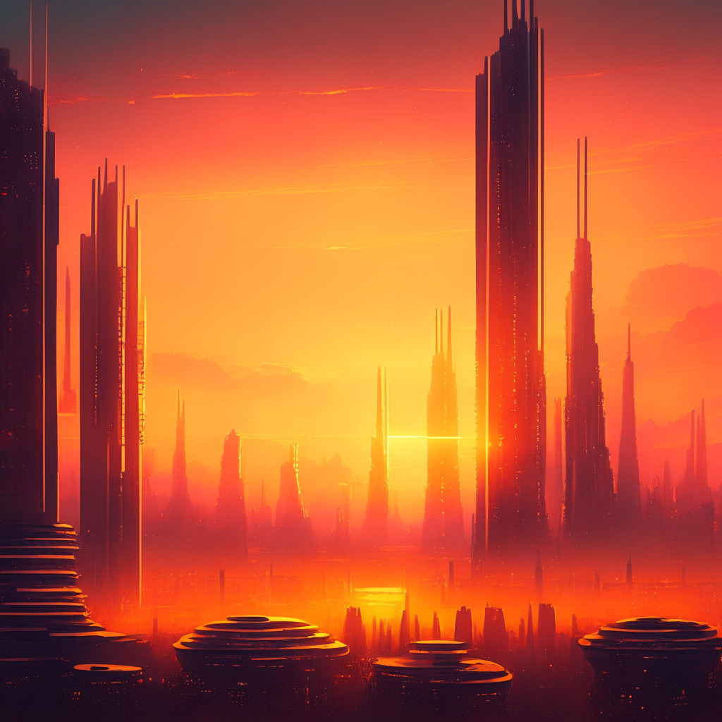 AI governance concept art: sunset over a futuristic city, blending AI innovation and regulation, warm hues of collaboration, public and private sectors working in harmony, ethereal glow of licensed AI systems being monitored, a balance of safety and progress, the weight of responsibility softly resting within the skyline.