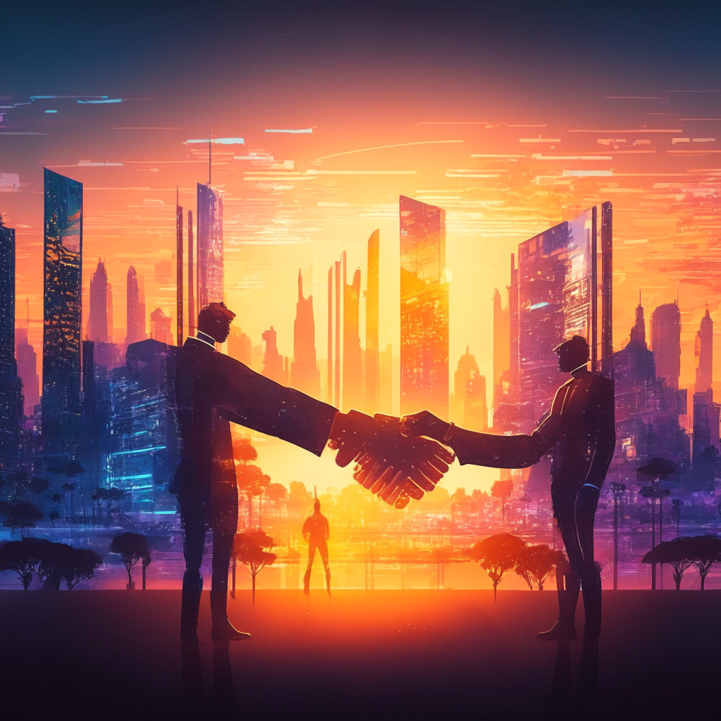Sunset-lit futuristic city, transparent AI code overlay, handshake between EU & US officials, serene mood. Artistic style: impressionist, warm colors, soft light, merging tech & nature, focus on collaboration, balancing AI safety & innovation. No logos/brands. Max 350 characters.