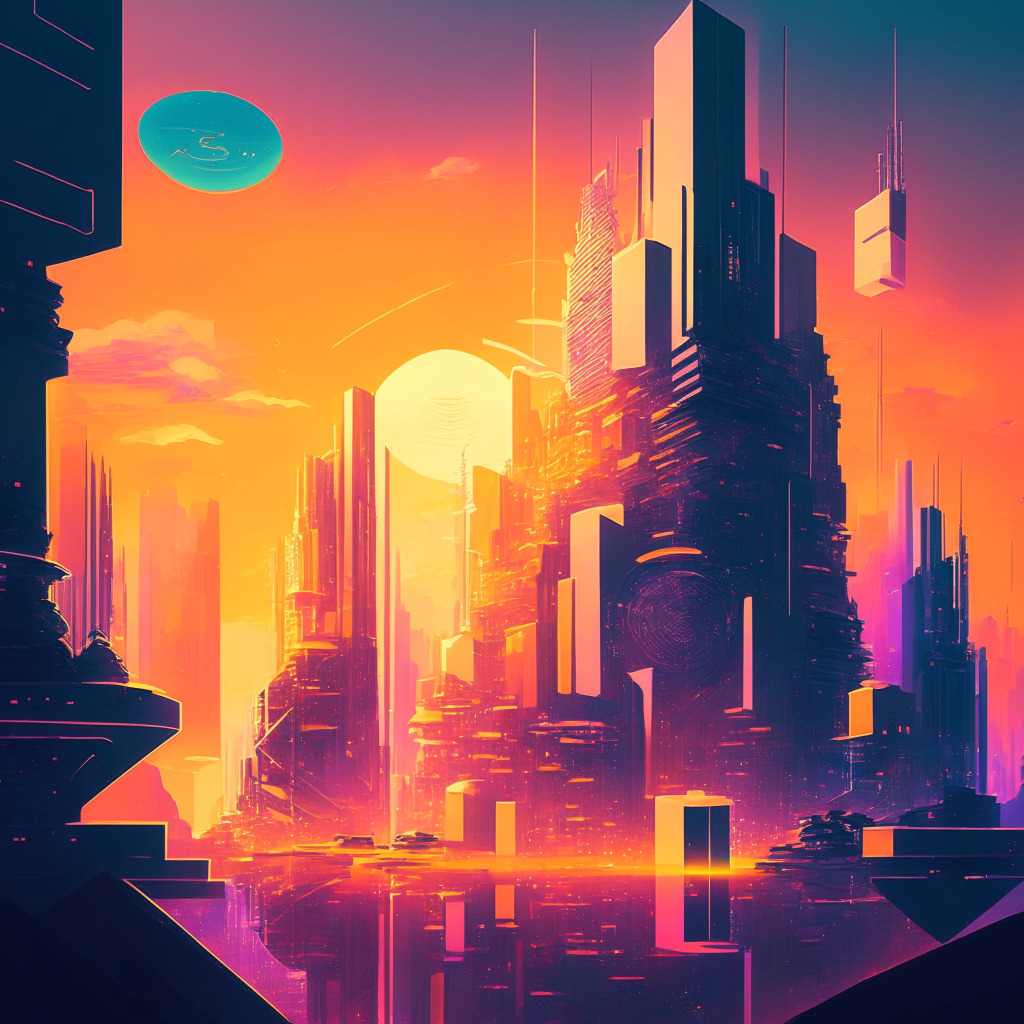 Futuristic cityscape showcasing AI integration, diverse workforce collaborating, blockchain technology, ethereal glow, warm sunset lighting, optimistic mood, thought-provoking atmosphere, abstract cubist art style, hints of emerging cryptocurrencies, emphasis on ethical balance, representation of career adaptation, and subtle nod to thought leadership.