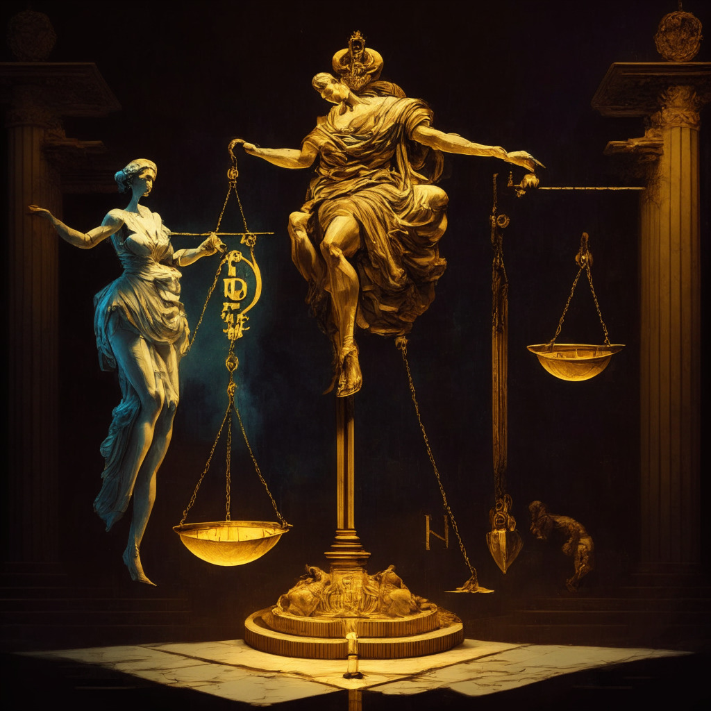 Cryptocurrency exchange balancing act, illuminated scales with Binance.US and a regal figure representing founder Changpeng Zhao, dusk lighting, baroque painting style, tension between central figure's stake reduction and regulation influence, delicate balance between trust building and decentralization.