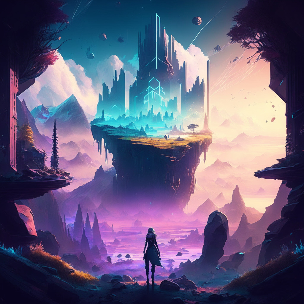 Surreal gaming world with harmonious visuals, majestic landscapes, contrasting light and shadow, blockchain elements subtly infused, empowering players amidst a decentralized setting, a blend of innovation, and challenges, evoking the mood of an evolving gaming industry's future.
