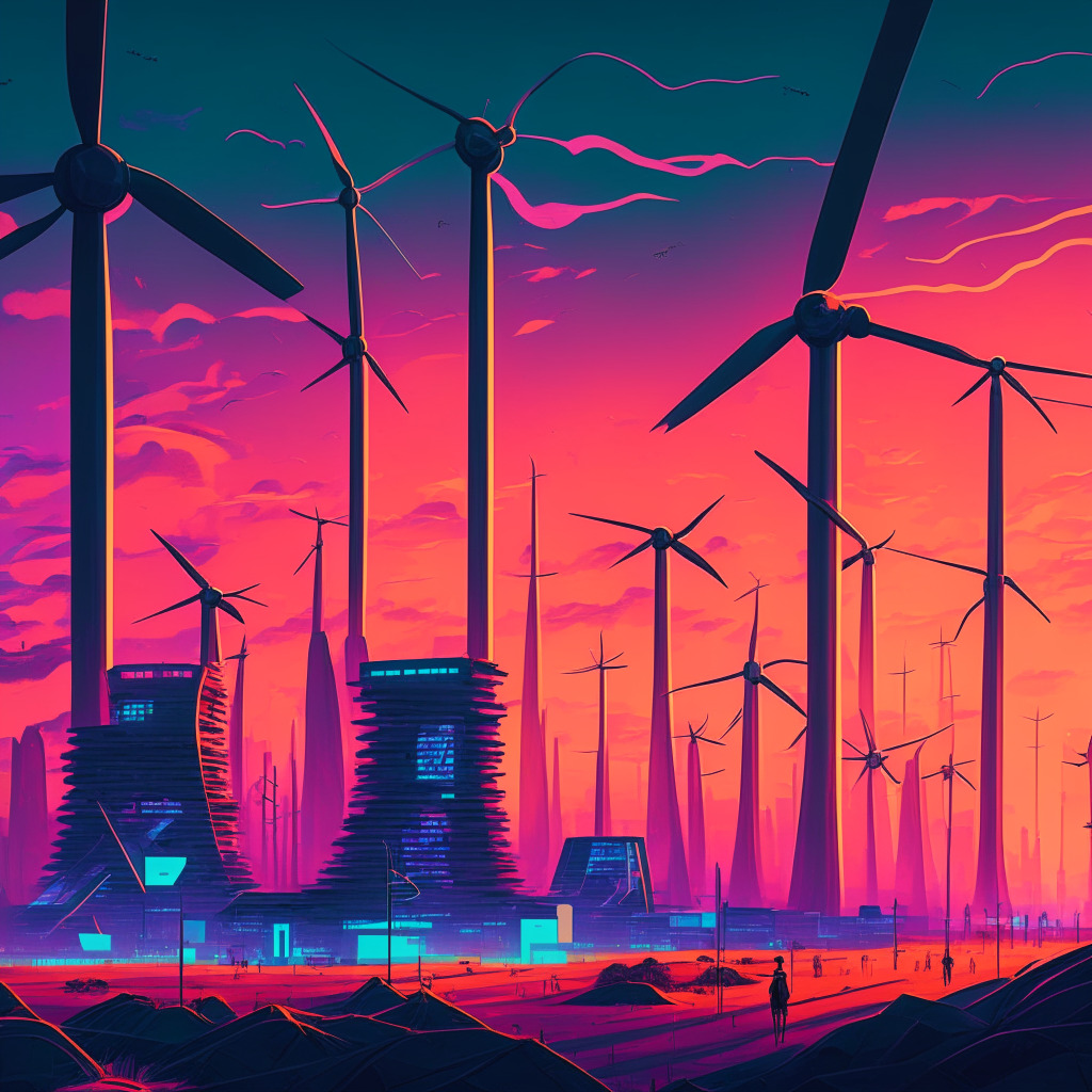 A vivid, high-contrast, futuristic cityscape at dusk, with towering wind turbines and solar panel fields, Bitcoin miners operating responsibly, warm and cool hues representing the debate on energy consumption, smoky textures hinting at underlying complexities, a hopeful yet cautious mood embracing the balance between environmental concerns and cryptocurrency potential.
