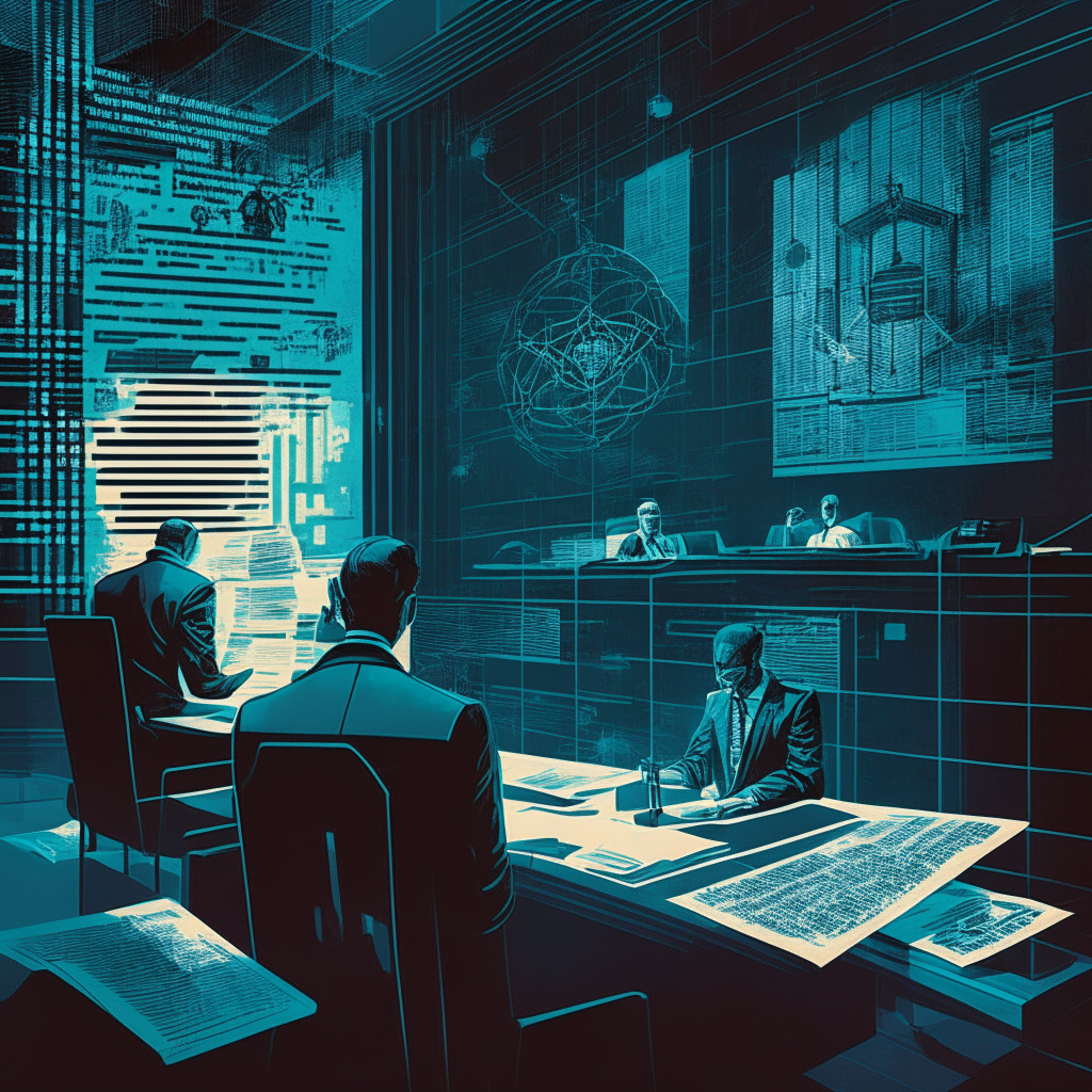 Intricate blockchain design, legal investigation scene, chiaroscuro lighting, contrasting colors, courtroom backdrop, transparent records, masked suspect, air of mystery and justice, legal documents, investigators analyzing data points, blending of pseudonymous and real identities, thought-provoking mood.
