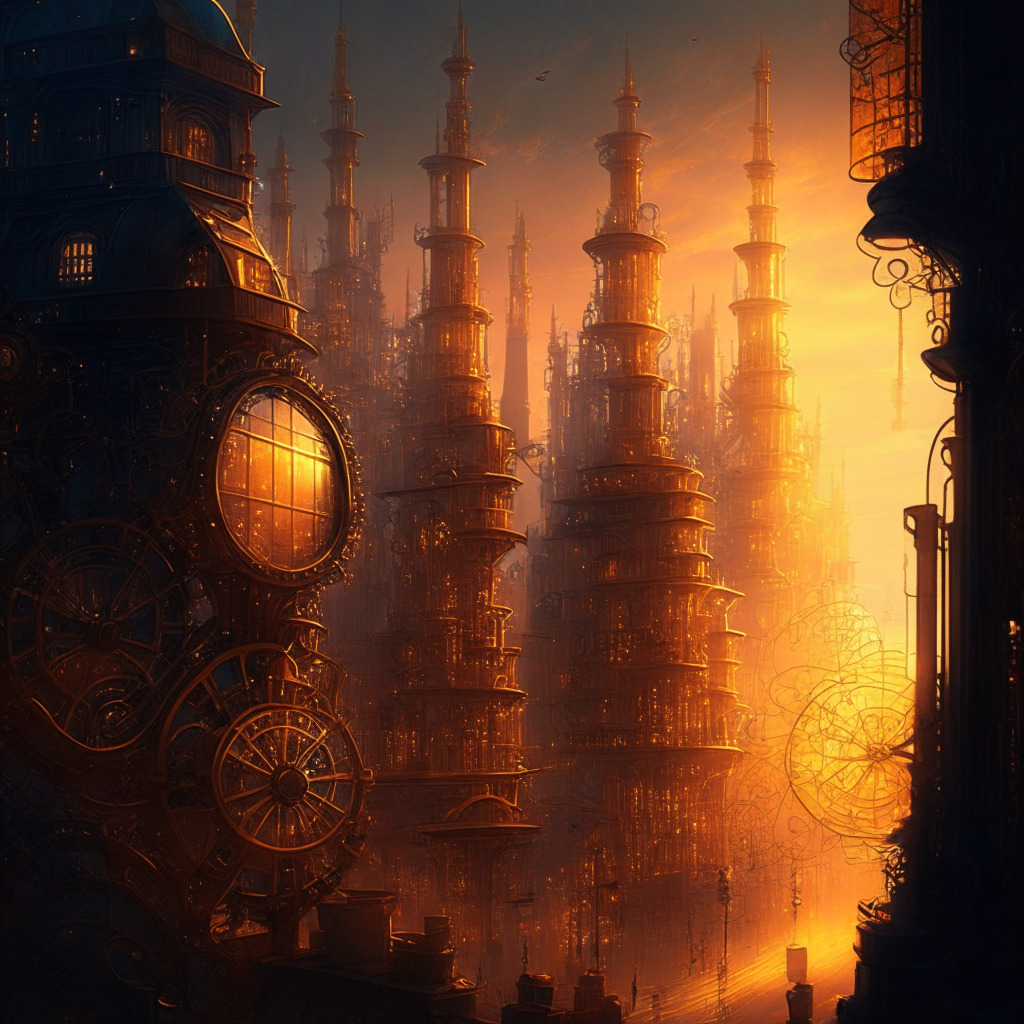 Intricate steampunk city at twilight, blockchain networks uniting various industries, mood of cautious optimism, glimmers of golden light highlighting the revolutionary potential, traces of shadows representing skepticism and challenges, secure and transparent connections creating a harmonious flow.
