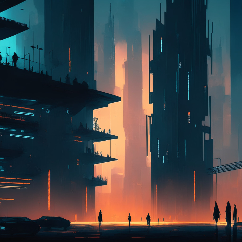 Intricate cyberpunk cityscape, tension-filled atmosphere, contrast of cold and warm lighting, sleek futuristic financial buildings interwoven with privacy-focused blockchain symbols, national security operatives in shadows, concerned citizens conversing, abstract representation of U.S. Constitution, moody twilight setting, impressionist style.