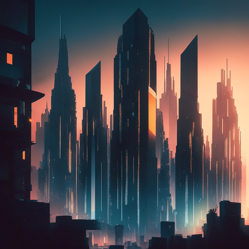 Ethereum-like cityscape at dusk, transitioning financial systems, cool tones, contrast of light and shadow of skyscrapers, decentralized technology conquering uncertainty, futuristic metropolis, tension between security concerns and potential, hopeful yet cautious atmosphere.