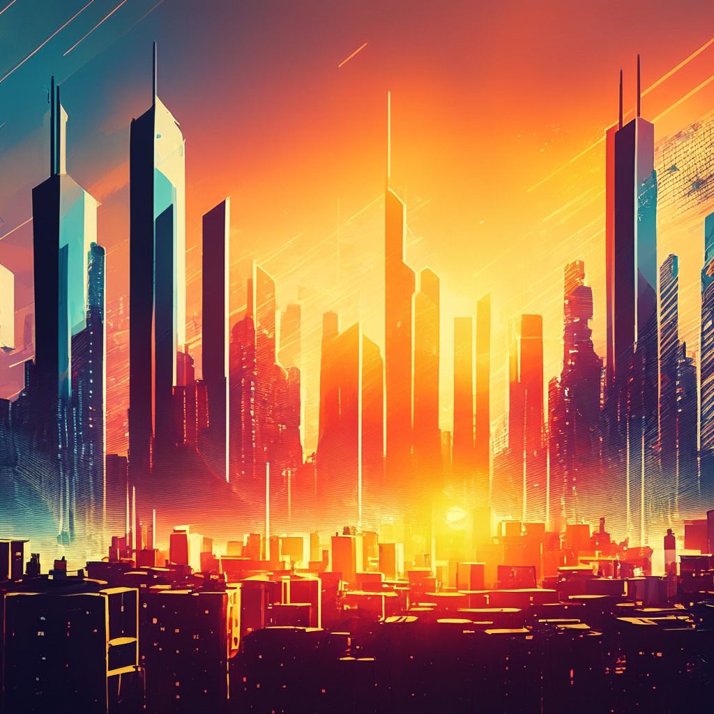 Futuristic city skyline in warm sunset light, blockchain nodes connecting buildings, diverse crowd discussing technology, abstract crypto symbols floating above, vibrant colors reflecting optimism, balanced contrast between light & shadows, energetic yet thoughtful atmosphere, transcending traditional finance.