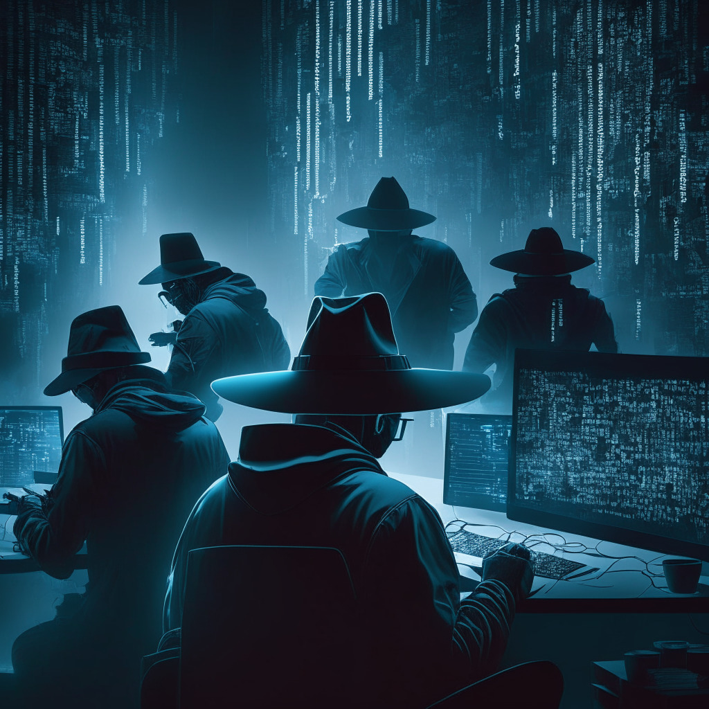Crypto security scene, white hat hackers examining code, AI technology assisting, defenders forming a shield, dimly lit workspace, intense focus, expressions of determination, modern digital art style, tense yet hopeful atmosphere, contrasting light and shadow, hint of cybersecurity futuristic theme.