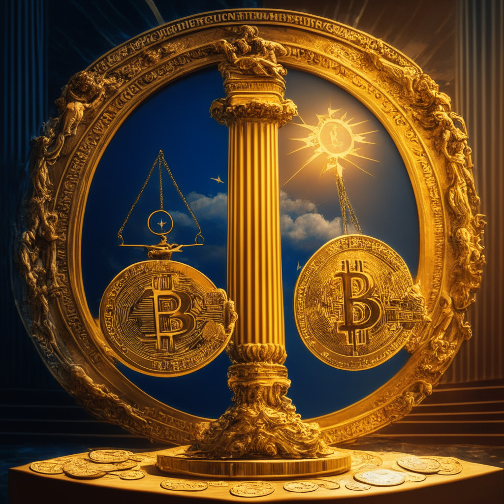Regulatory Balance Scale, crypto coins on one side & economic stability on the other, sunlit European Parliament backdrop, intricate Baroque art style, cool-toned palette, vibrant golden highlights, tension in the air, sense of composed vigilance, contrasting sparks of innovation & caution.