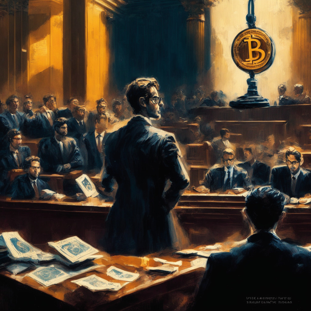 Cryptocurrency regulation dilemma, intense courtroom showdown, Sam Bankman-Fried's case, 10 criminal charges, chiaroscuro lighting, legal balance scales, global impact, cautious approach vs strict control, consumer protection, innovation, uncertain future, expressive brushstrokes, contrasting mood.