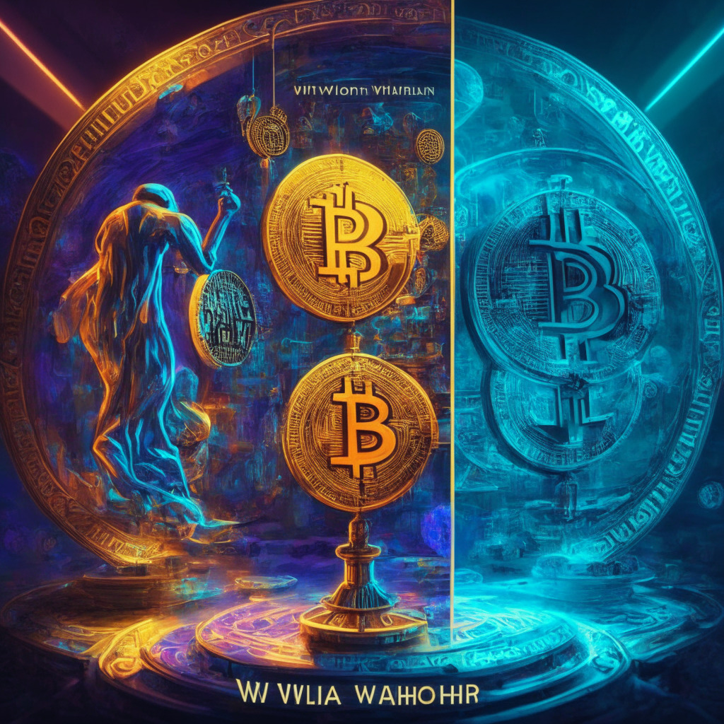 Cryptocurrency regulation balance, Wahi brothers' settlement, insider trading controversy, vibrant artistic style, subdued light setting, intricate crypto market details, polarized mood with investment security vs. innovation, regulatory implications & evolving industry landscape.