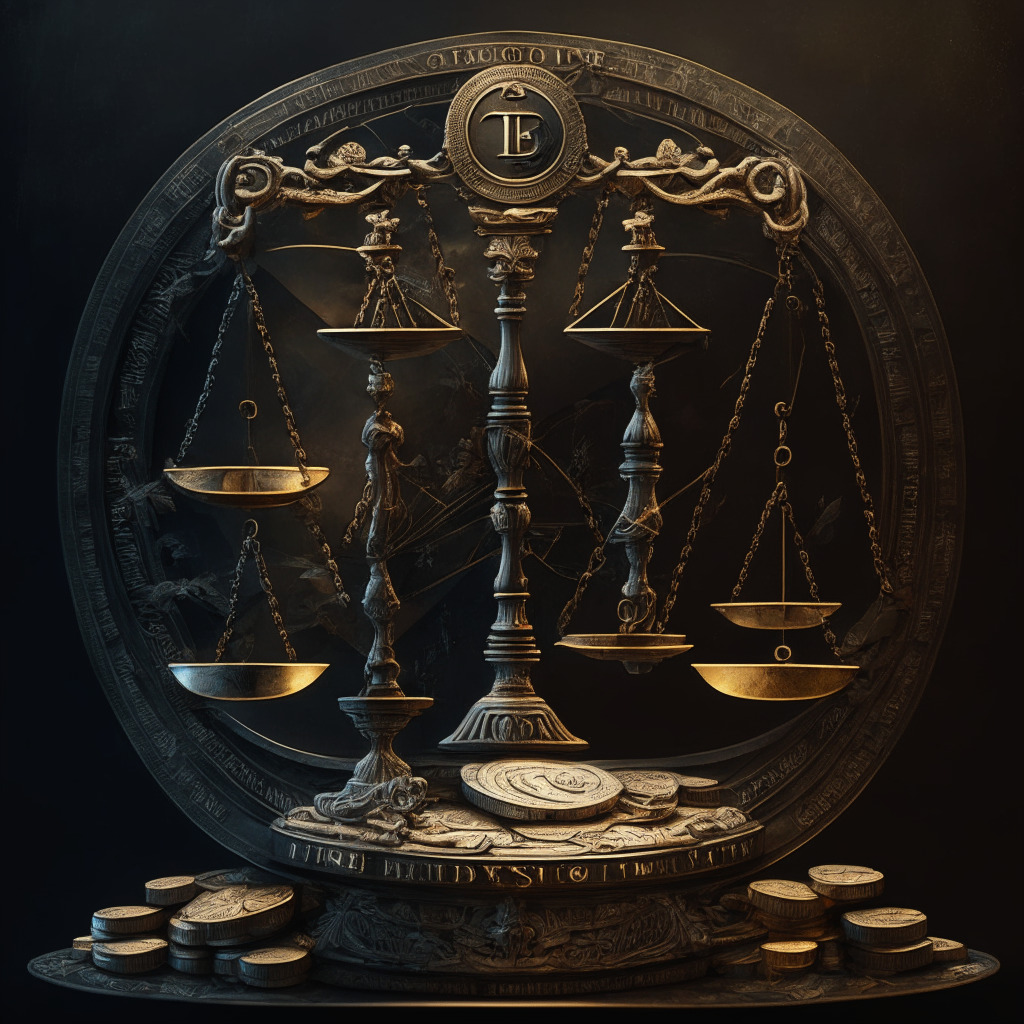 Intricate balance scale, crypto coins & legal symbols, contrasting dark & light hues, neoclassical art style, weight of regulation text & innovative gear, soft morning light, tense atmosphere, emerging hope, collaborative bridge connecting divided sides.