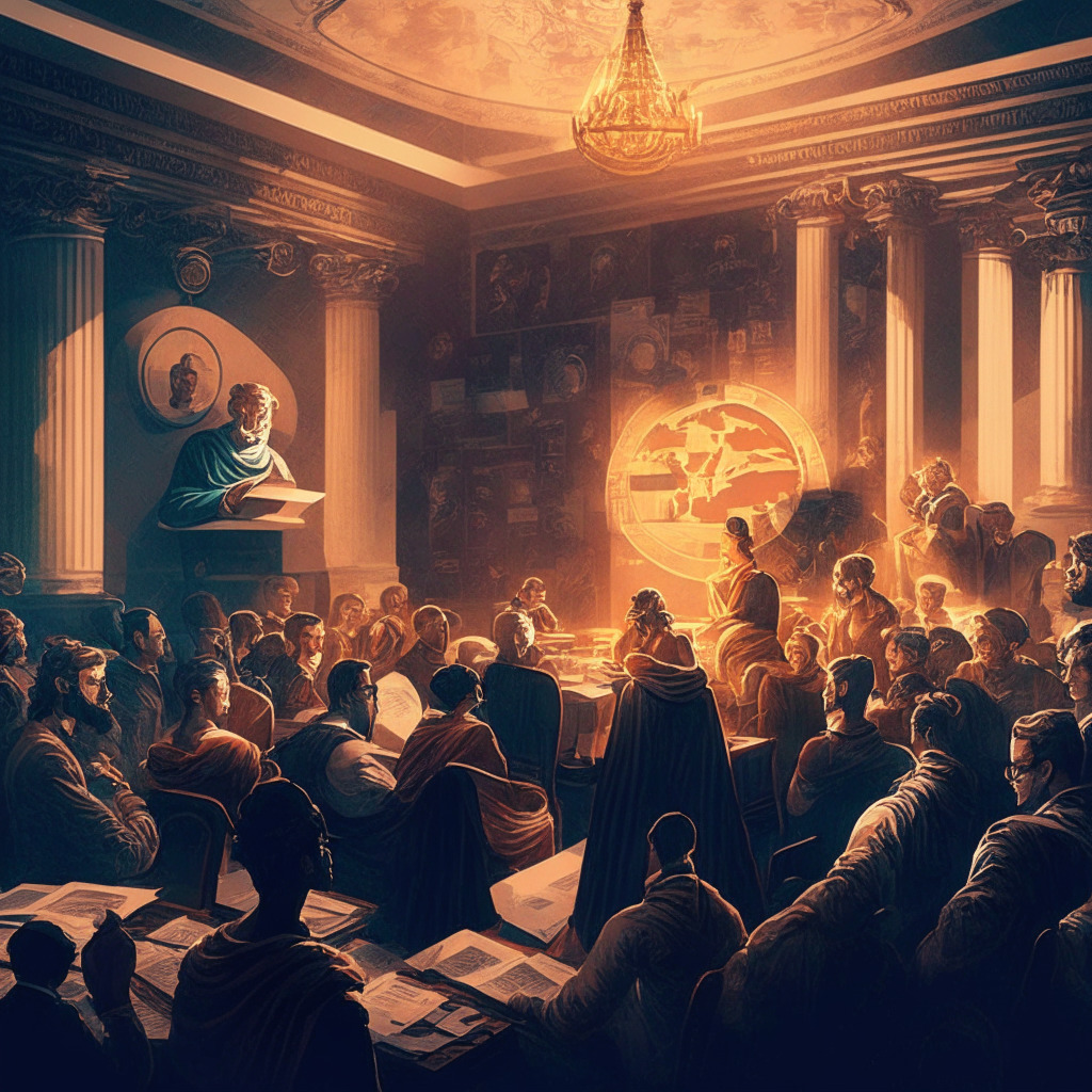 Crypto debate scene, warm lighting, classical art style, thoughtful expressions, diverse group, digital assets as background, scale balancing regulations & decentralization, global map, innovation symbols, hopeful mood, KYC & AML papers, no brands.