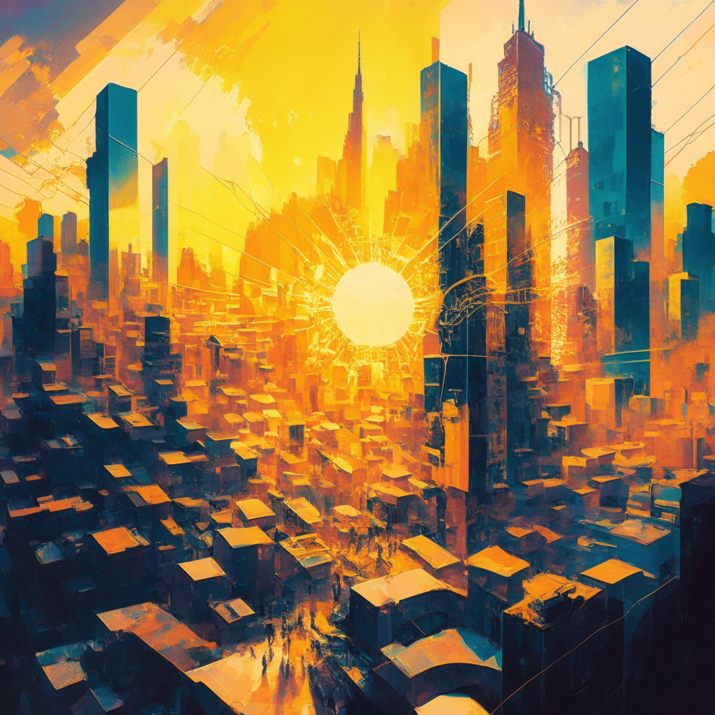 Intricate cityscape merging with a blockchain, vivid contrasts, warm sunset light, nostalgic oil-painting style, spirited community debate, balancing act between centralized structures and decentralized elements, sense of progress and evolving governance, shadows and highlights emphasizing complexity and interconnectivity.