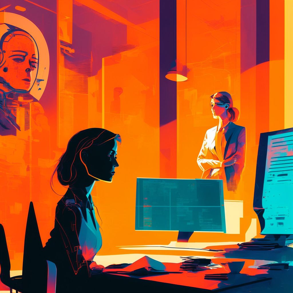 Crypto customer service dilemma, human expertise vs AI, contrasting light setting, warm & cool hues, AI chatbot & human advisor in a futuristic office, lively expressionist style, dynamic composition reflecting market fluctuations, contemplative mood capturing evolving tech insights.