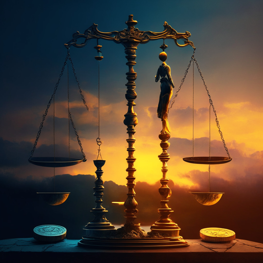 Crypto-industry balancing act, scales of justice, innovation and regulation symbols, blockchain technology, coin transactions, sunrise with stablecoins, muted colors, chiaroscuro lighting, Renaissance style, contemplative mood, global financial landscape transformation, risk mitigation.