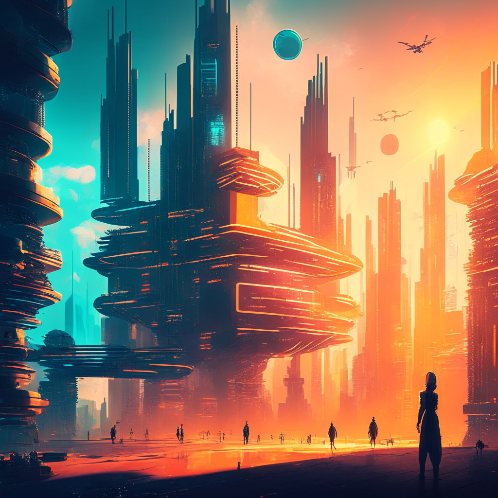 Futuristic cityscape with blockchain elements, contrasting warm and cool tones, cyberpunk aesthetic, dramatic sunlight, digital currency symbols, decentralized finance platforms and NFTs, balance represented by scales, people debating, sense of curiosity and caution, innovative, secure, and stable atmosphere.