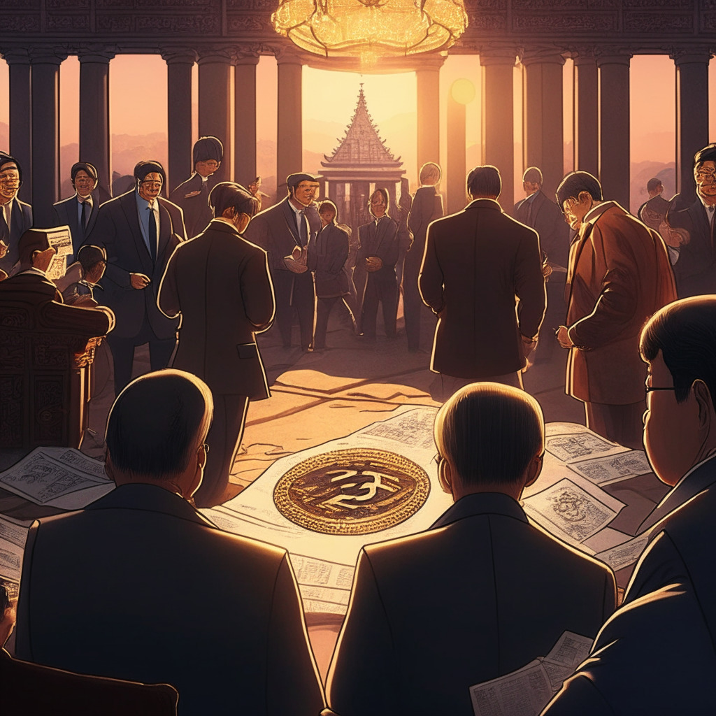 Intricate political scene in South Korea, lawmakers debating cryptoasset holdings, warm evening light, Baroque style, heightened emotions, tension between public trust and privacy. Justice Ministry conducting bi-annual checks, allegations of corruption, global implications, quest for balance in blockchain-driven future.