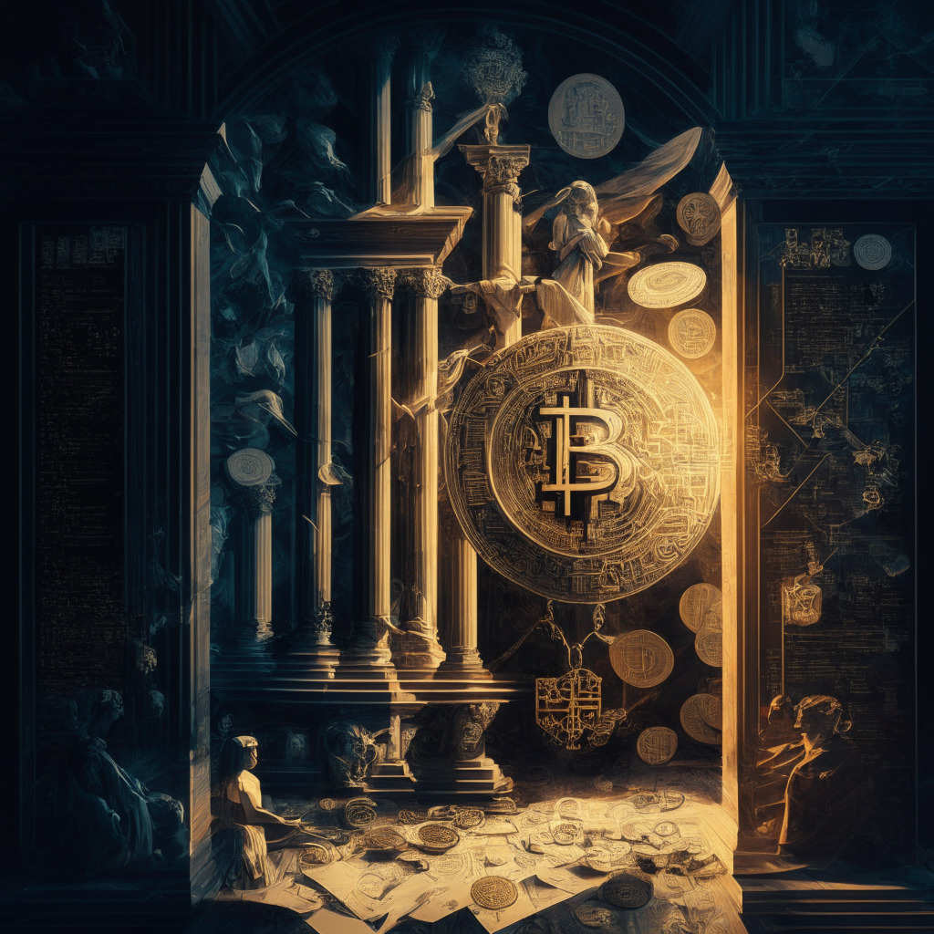 Intricate blockchain imagery, cryptocurrency interactions, contrasting light and shadows, industry applications in finance and healthcare, sustainability conflict, regulatory scales, baroque artistry, warm and cool tones, balanced composition, optimistic mood with a touch of skepticism