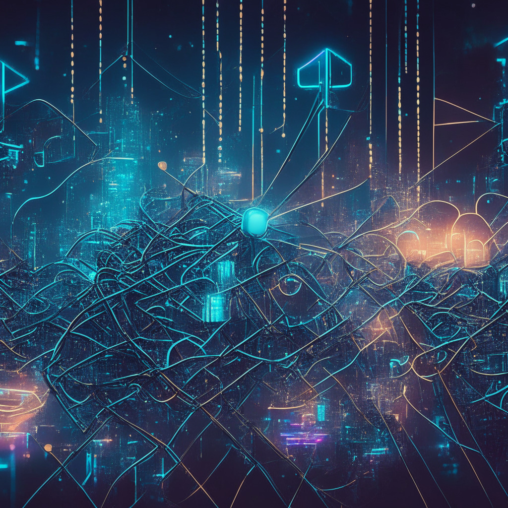 Intricate interconnecting chains, ethereal glow, futuristic city backdrop, converging proof-of-work & delegated proof-of-stake symbols, maintaining balance, moody yet hopeful atmosphere, cool color palette, sleek artistic style, emphasizing security, scalability & decentralization harmony.