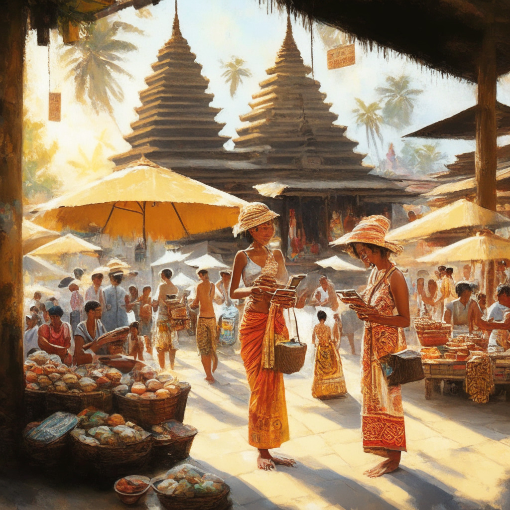 Tropical Bali scene, traditional market, tourists & local sellers, sunlit warm hues, Balinese temple backdrop, subtle tension between innovation & stability, visitors holding smartphones, scattered crypto symbols, emphasis on local currency, subtle brushstrokes, compliance reminder, juxtaposition of tradition & modernity.