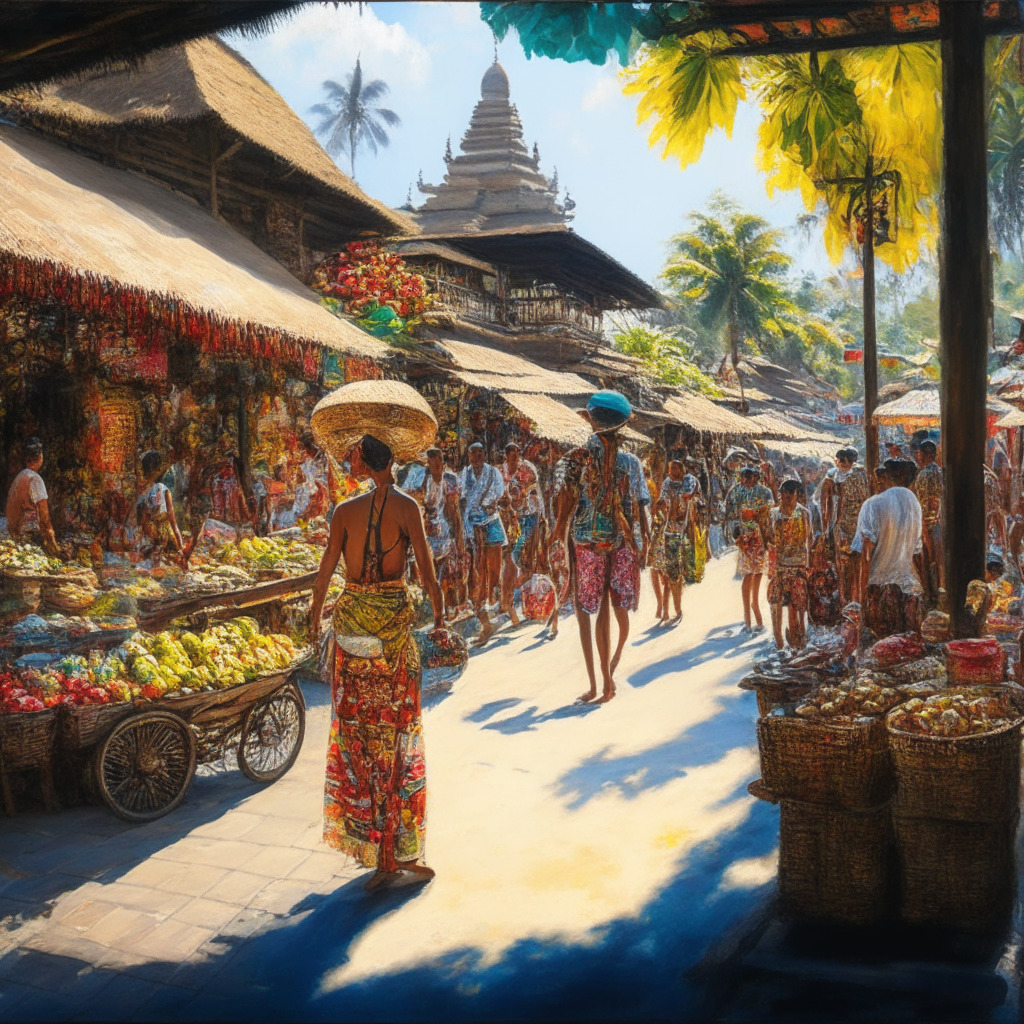 Tropical paradise, Bali, colorful market scene, tourists trading Rupiah, no cryptocurrencies, warm sunlight, traditional Balinese architecture, vibrant street life, serene atmosphere, respectful interactions, locals in cultural attire, no motorbikes, compliance with local rules, hint of caution, painterly style.