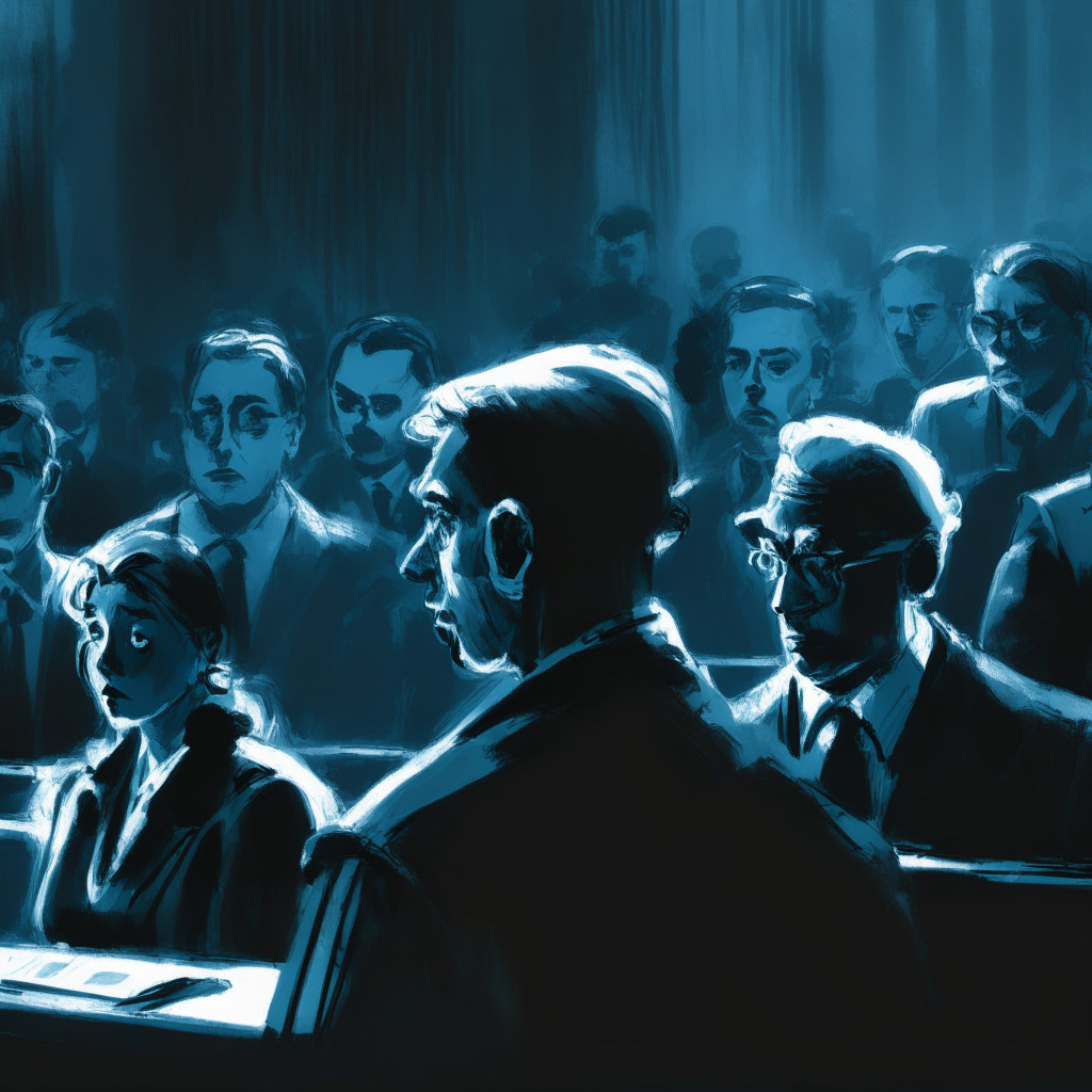 Dark, ominous courtroom scene, DeFi platform creators face a class-action lawsuit, perplexed investors in the background, bold brushstrokes, shadows reflecting the tension, cold blue light illuminating the defendants' faces, blurred lines depicting the gray area of decentralization and regulation, somber mood of broken trust and concealed truths.