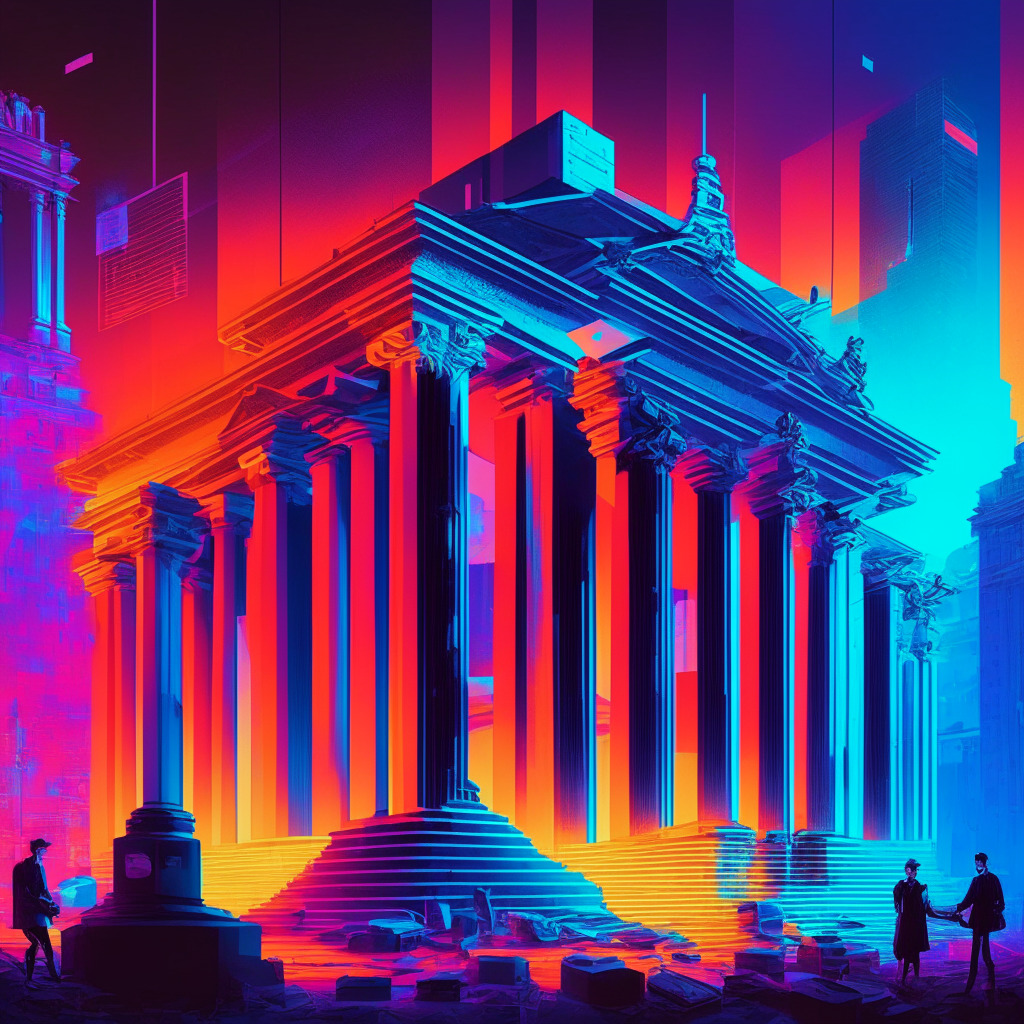 Twilight-lit central bank, stablecoin issuers using computers, cryptocurrency tokens, contrasting old-fashioned banks collapsing, modern digital EU cityscape, bold & vibrant colors, mood: innovation vs tradition, safety in financial systems, hint of optimism for future solutions.