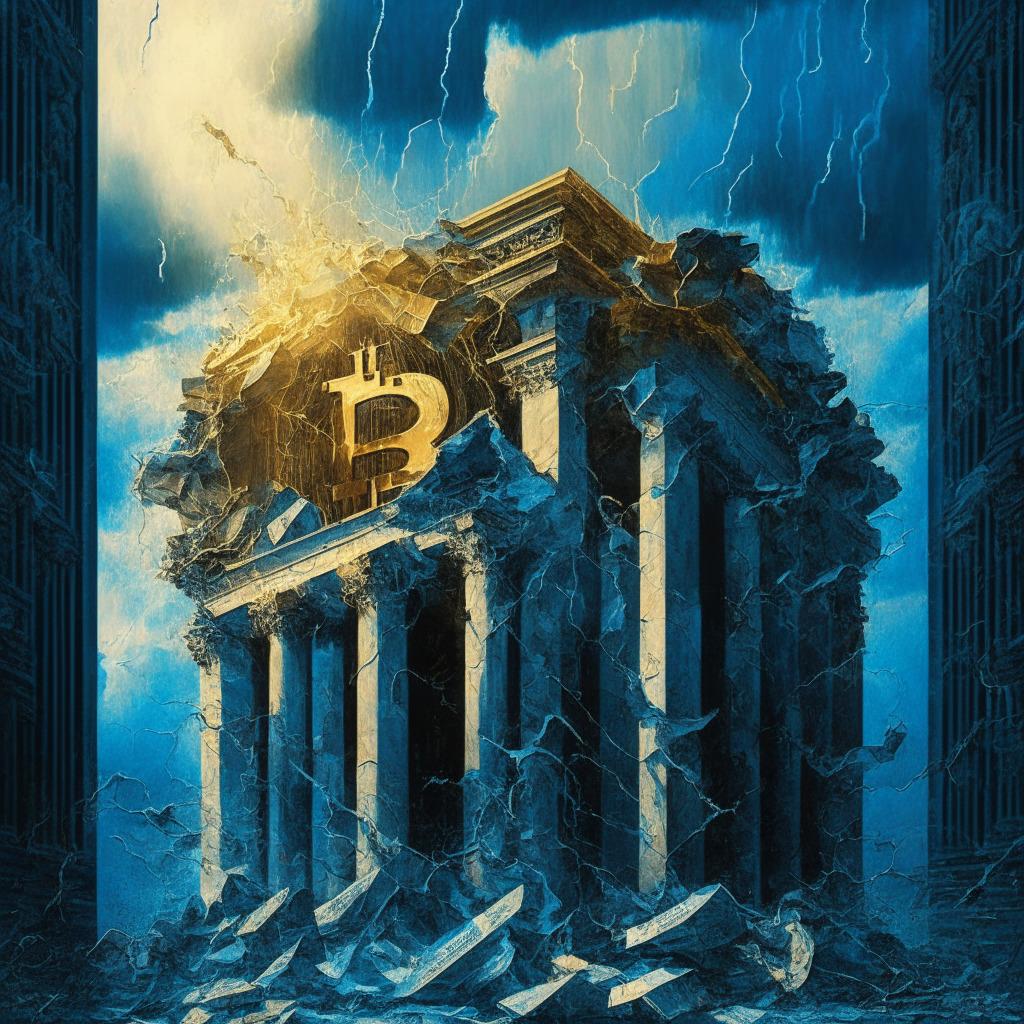 Intricate blockchain artwork, ominous bank façade crumbling, sunlight piercing through stormy clouds, contrast shadows, glowing Bitcoin near $30K milestone, emotional turmoil, anxious investors, hints of hope amid global chaos, vibrant gold and cool blue hues, dynamic blend of realism and abstract.
