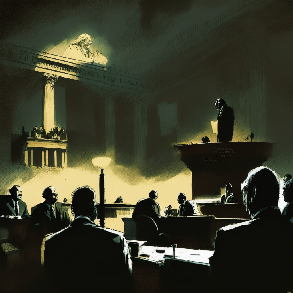 Senate debate on bank failures & digital assets: evening atmosphere, chiaroscuro lighting, diversified artistic styles blending neoexpressionism & minimalism, somber mood. Scene shows Sen. Lummis questioning bank execs, cryptocurrencies in the background, traditional banks & regulators engaging, striving for balance, stability & innovation.