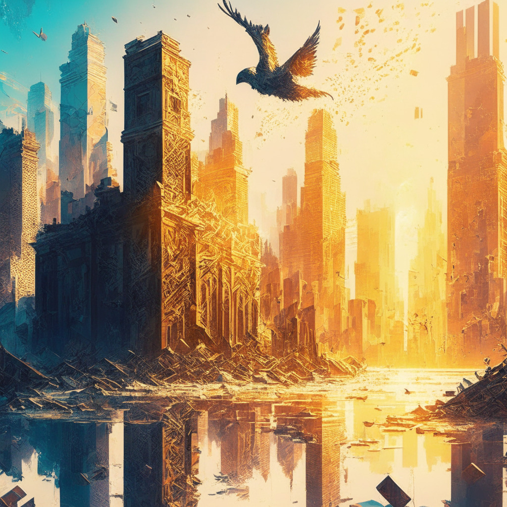 Intricate cityscape with crumbling banks, a rising phoenix-like Bitcoin, blend of impressionism and futuristic digital, warm ambient sunlight, juxtaposing moods of uncertainty and hope, diverse population embracing change, hints of blockchain interwoven throughout, economic transformation.